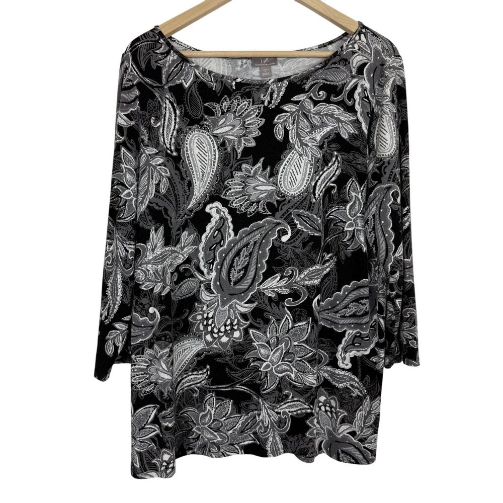 J. Jill Wearever Collection Paisley Floral Top Large Stretch Tunic 3/4 Sleeves